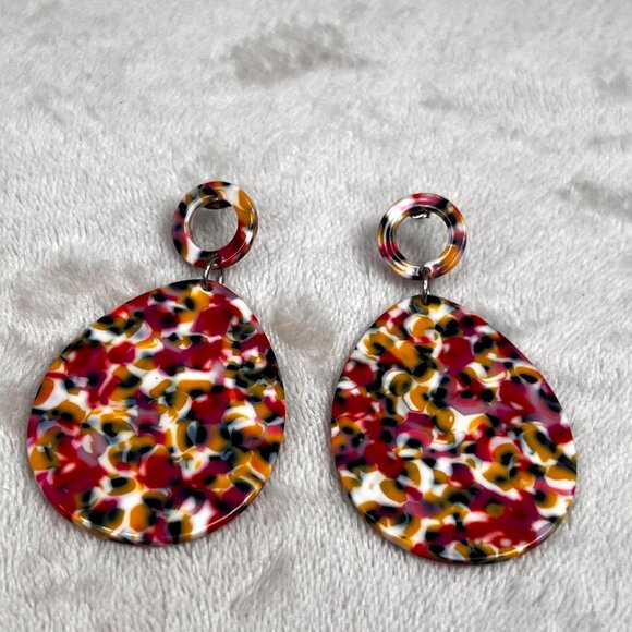 Chunky Confetti Acrylic Granite Earrings Large Dangle Teardrop Pink Yellow - Picture 4 of 6